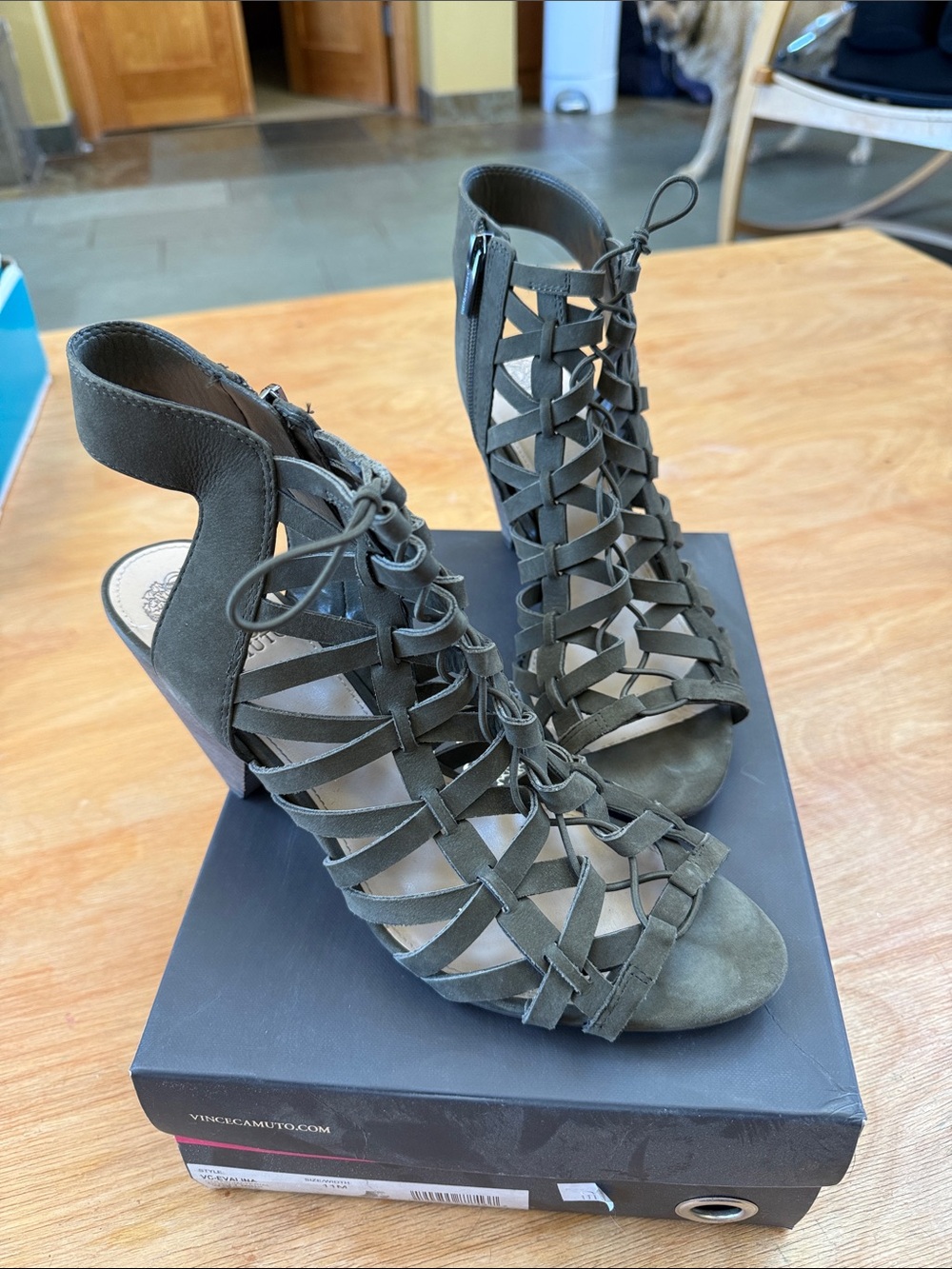 Vince Camuto Olive Suede Cage Lace-Up Heels